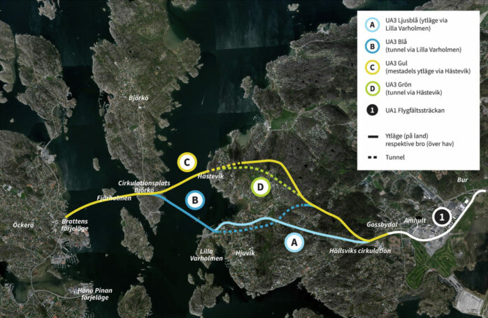 Göteborgs Stad anser att UA3 Ljusblå är det mest rimliga alternativet. På bilden syns samtliga huvudalternativ för UA3 i Trafikverkets åtgärdsvalsstudie. Illustration: Trafikverket/WSP